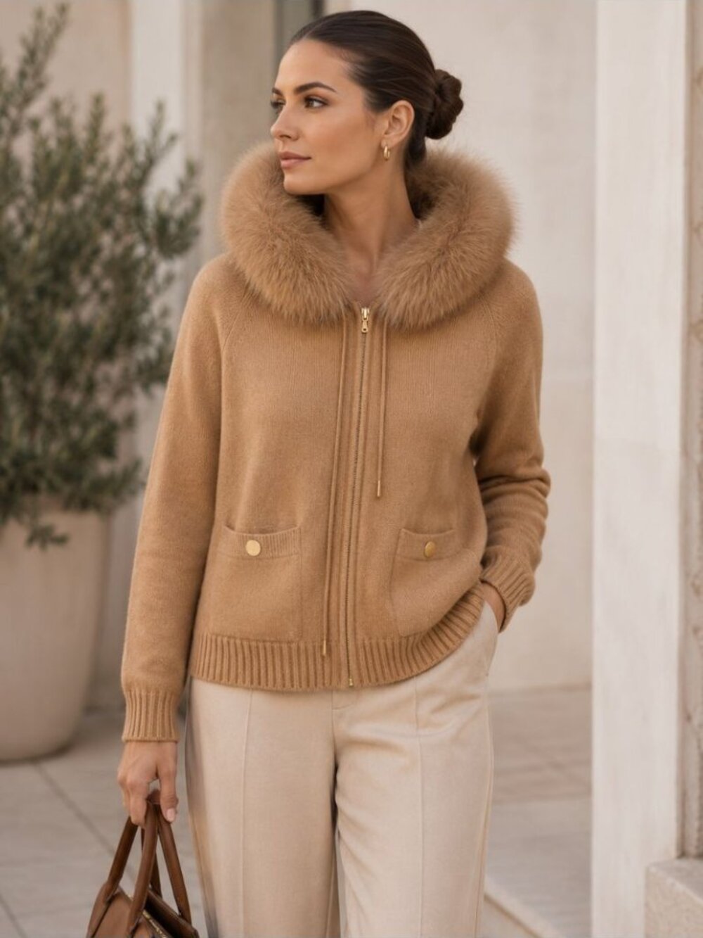 St. John Cashmere Zip Up Sweater Jacket Fur Trim Hood Cardigan Luxury Knit Small